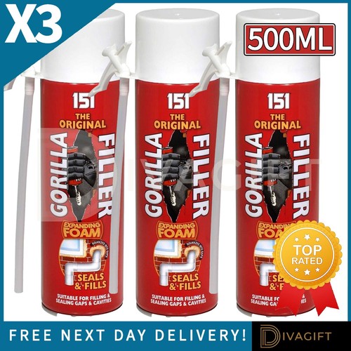 GORILLA FILLER EXPANDING FOAM GAP AIRTIGHT CRACK SEALS WEATHERPROOF NEW 500ML x3